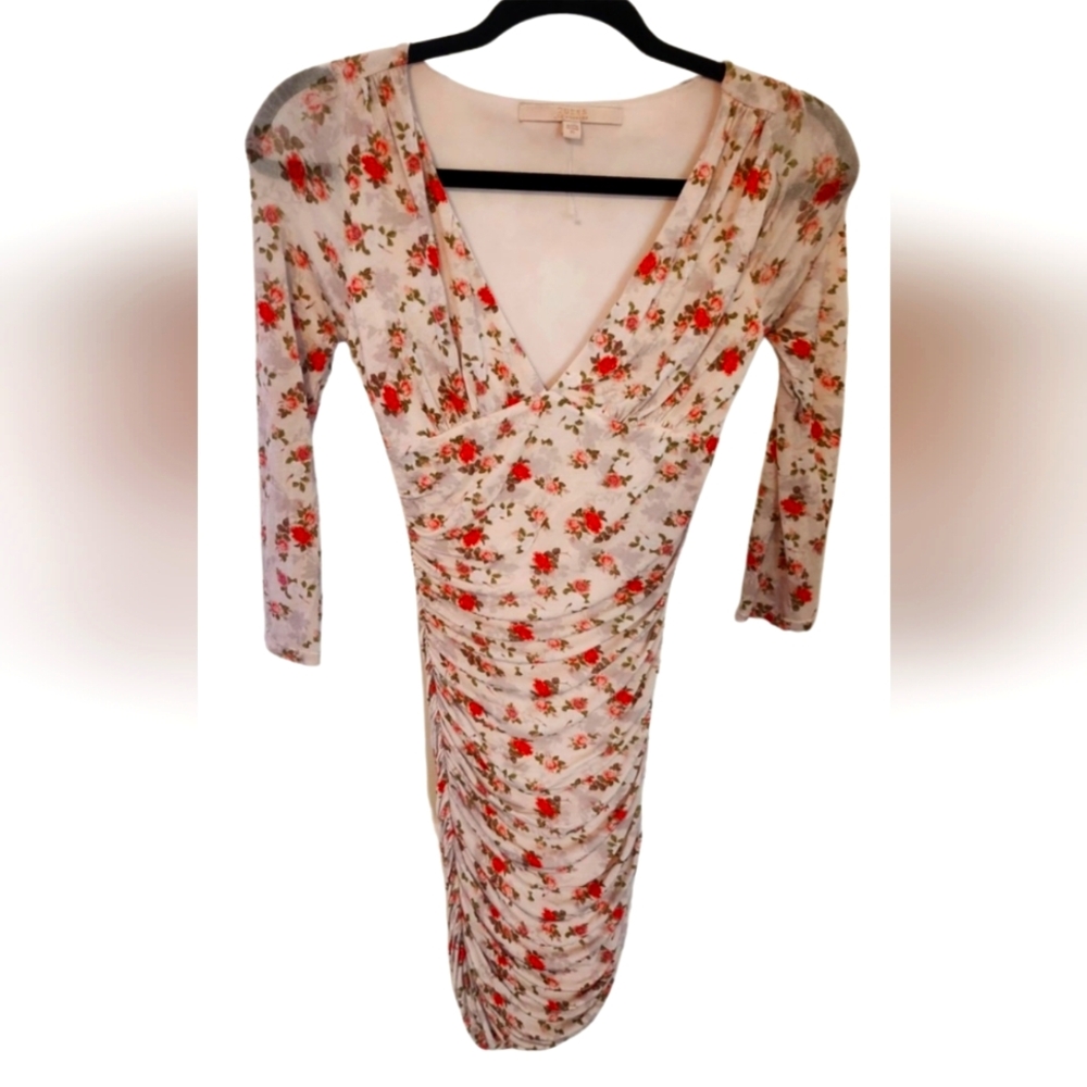 Guess Floral Ruched Long Sleeve Dress - Cream and Red